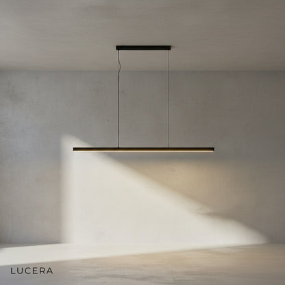angled studio view of Palatinate chandelier highlighting sleek black profile and copper rings