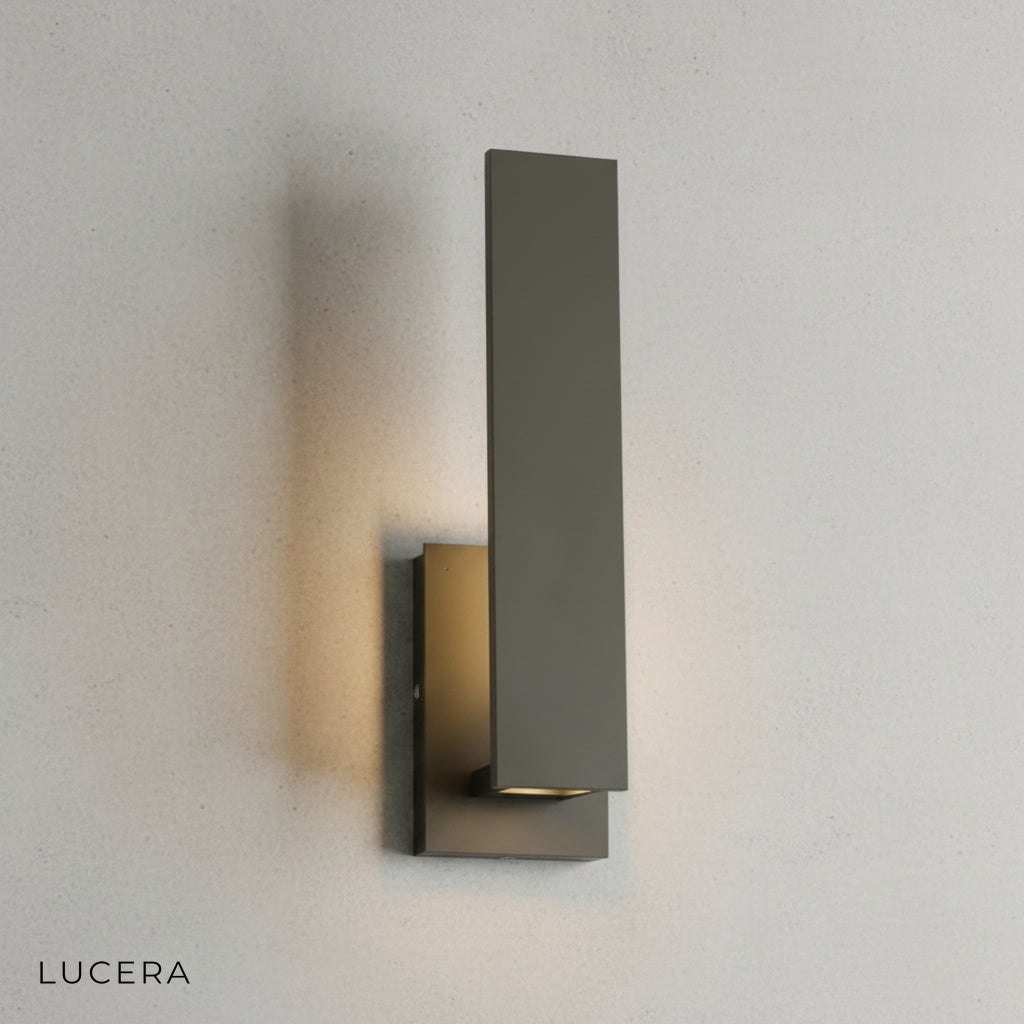 side profile of slim architectural sconce highlighting aluminum texture and IP54 seal