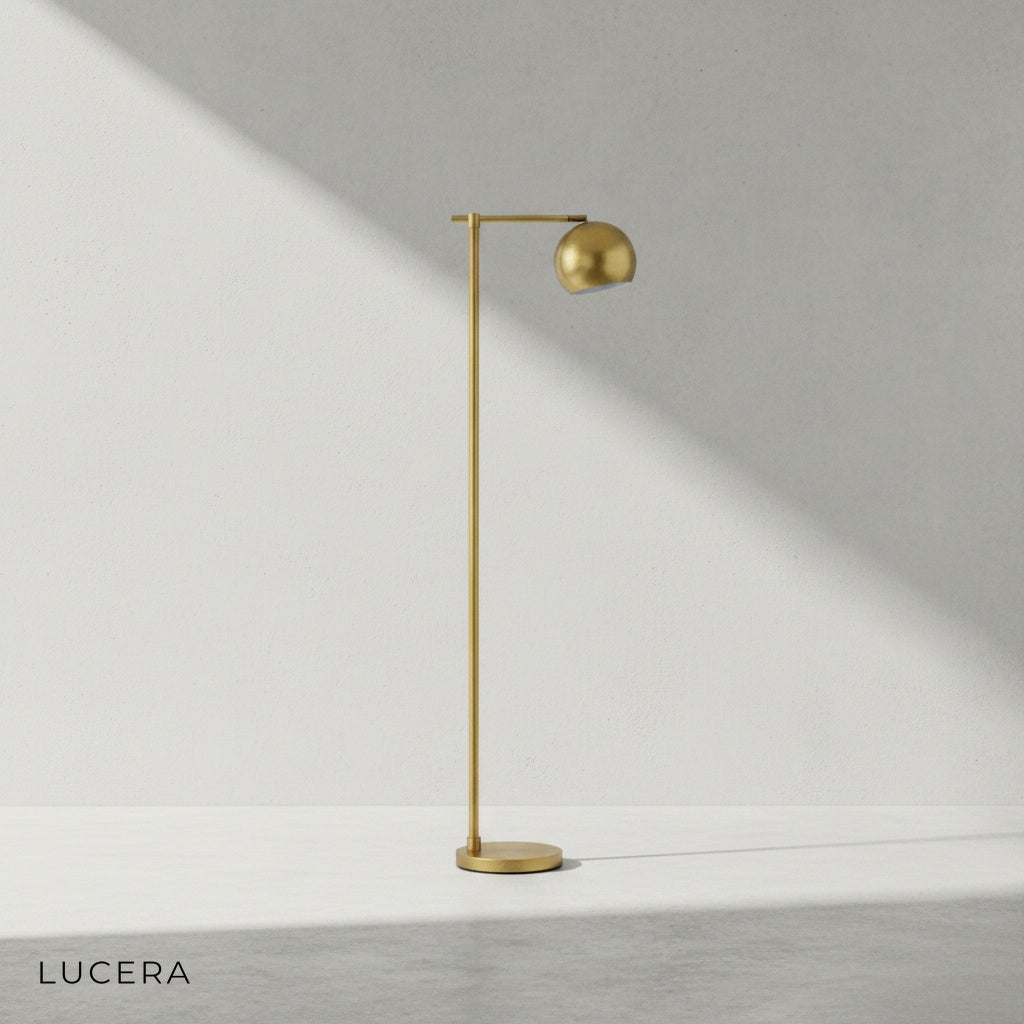 Black floor lamp with warm 3000K light casting elegant glow in modern bedroom