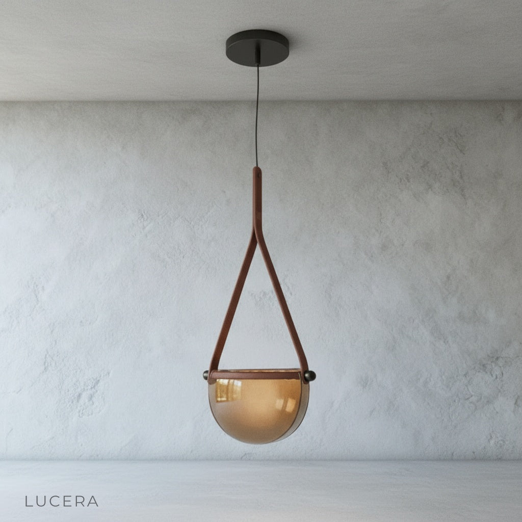 close-up of leather strap suspension and brushed metal canopy on Glimmer light