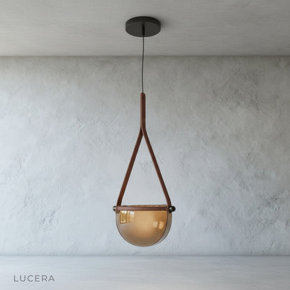 close-up of leather strap suspension and brushed metal canopy on Glimmer light