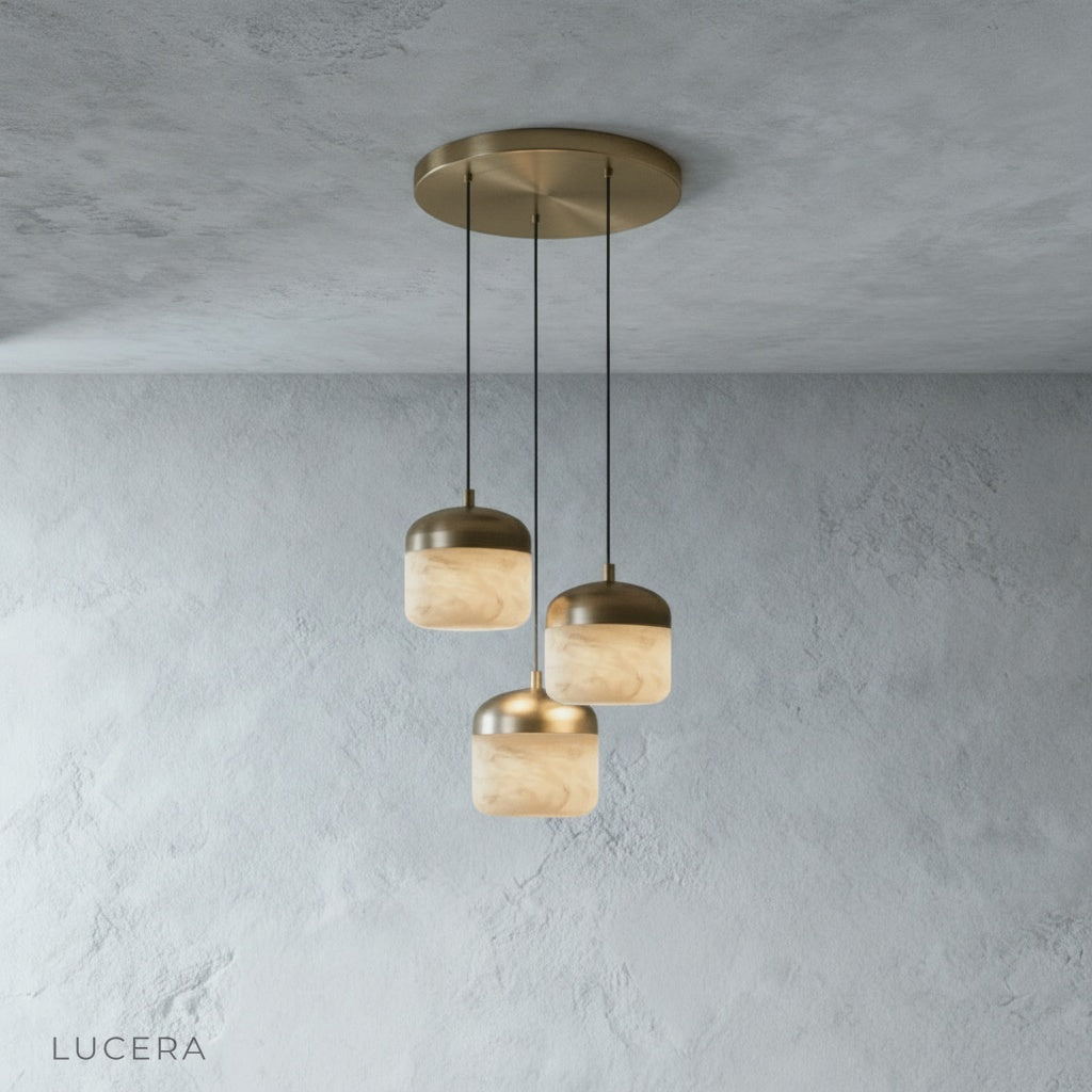 close-up of alabaster stone texture and warm glow on the Energico pendant