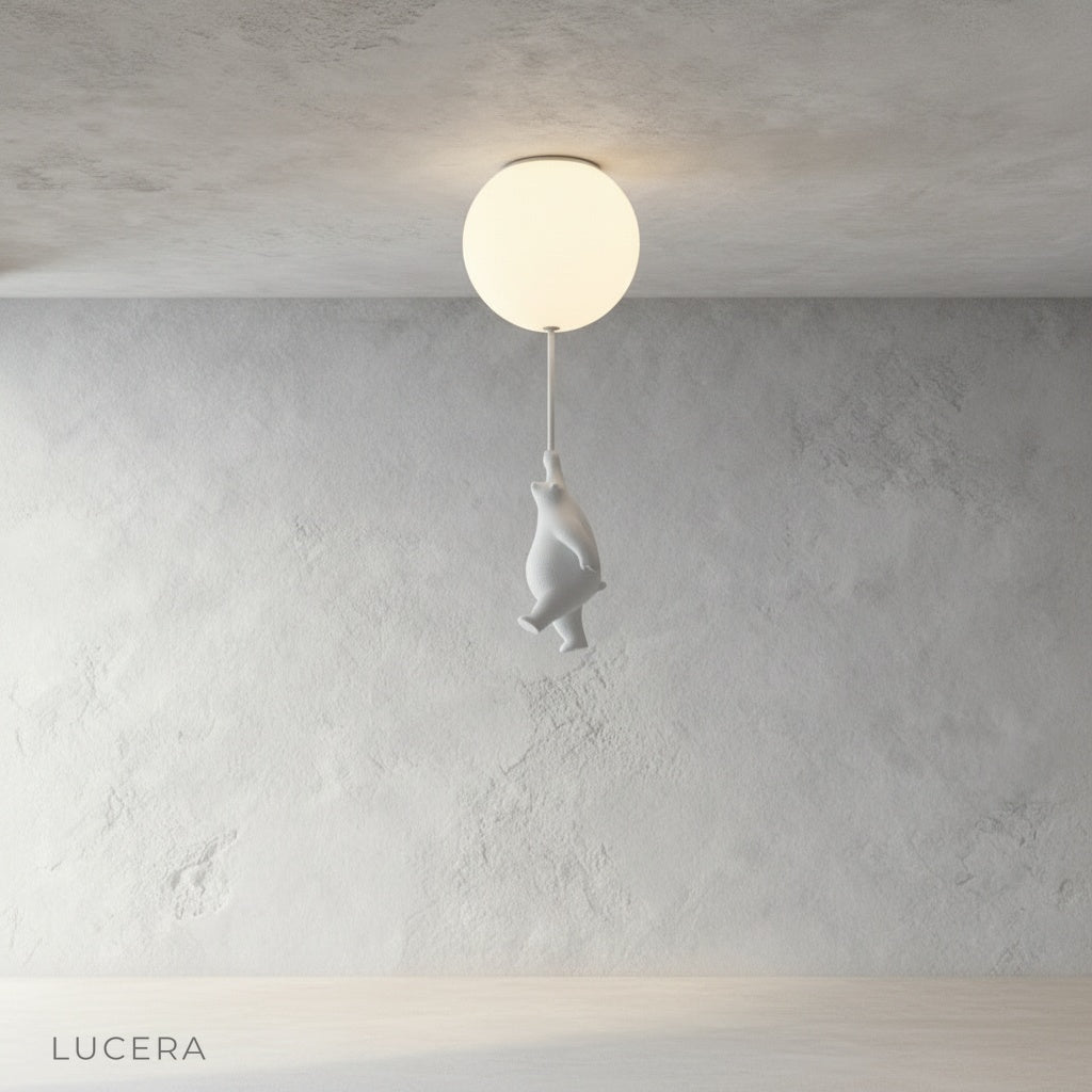 close-up of bear figure holding glowing balloon light in Lintel lamp