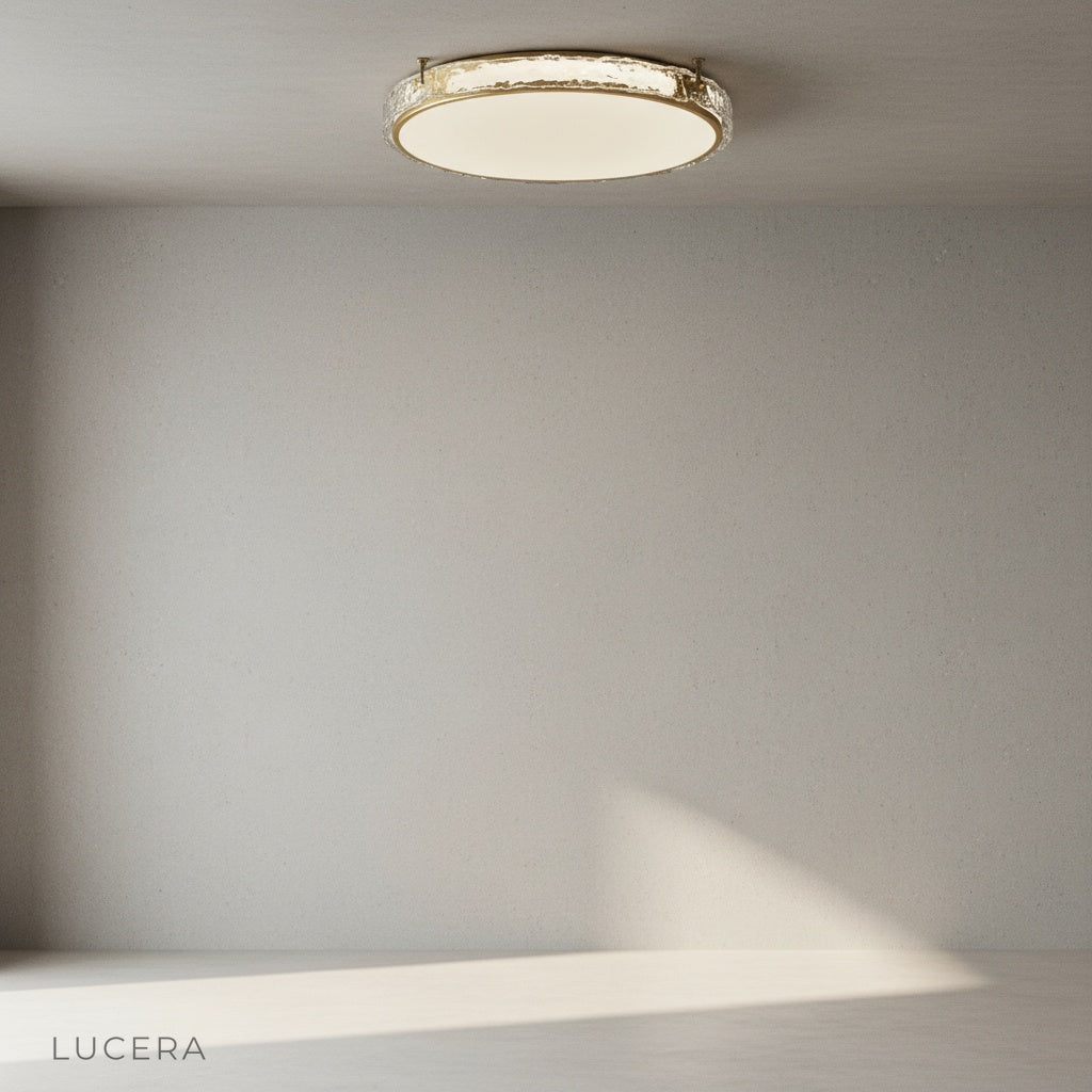 Close-up of Eudora ceiling light copper rim and glass shade detail
