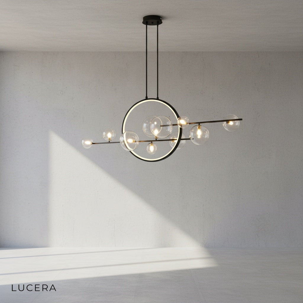 detail of iron frame joints and cord attachment on Vor LED chandelier