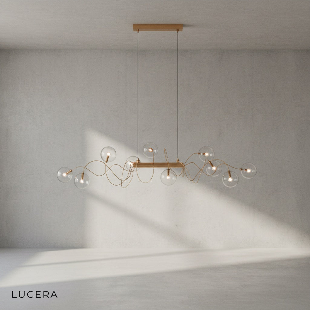detail view of LED light glowing inside frosted glass globe of Lucera chandelier