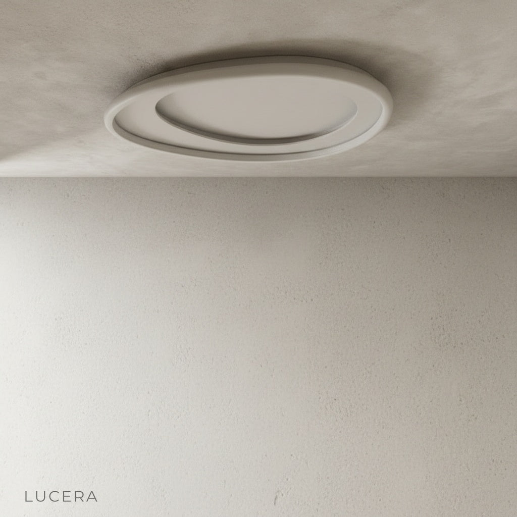 Close-up of Tantalus ceiling light organic shapes and white chrome texture