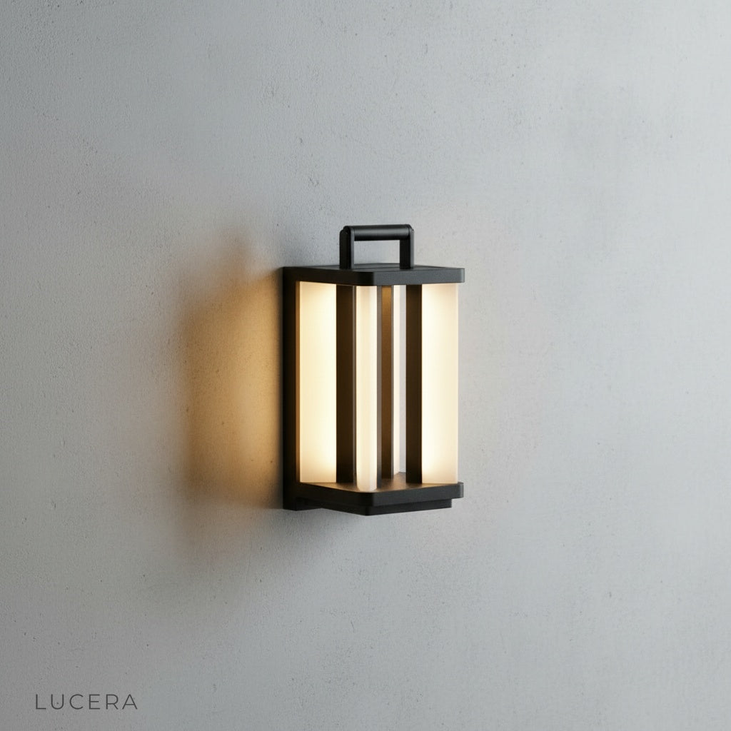 close-up of the vertical illuminated panels on the Unction lamp's stainless steel frame