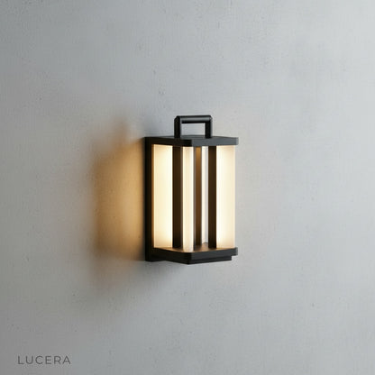 close-up of the vertical illuminated panels on the Unction lamp's stainless steel frame