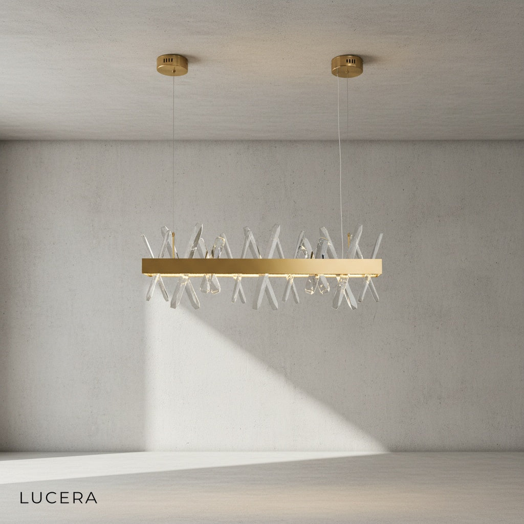 Arte gold chandelier with selectable color temperature in bright setting