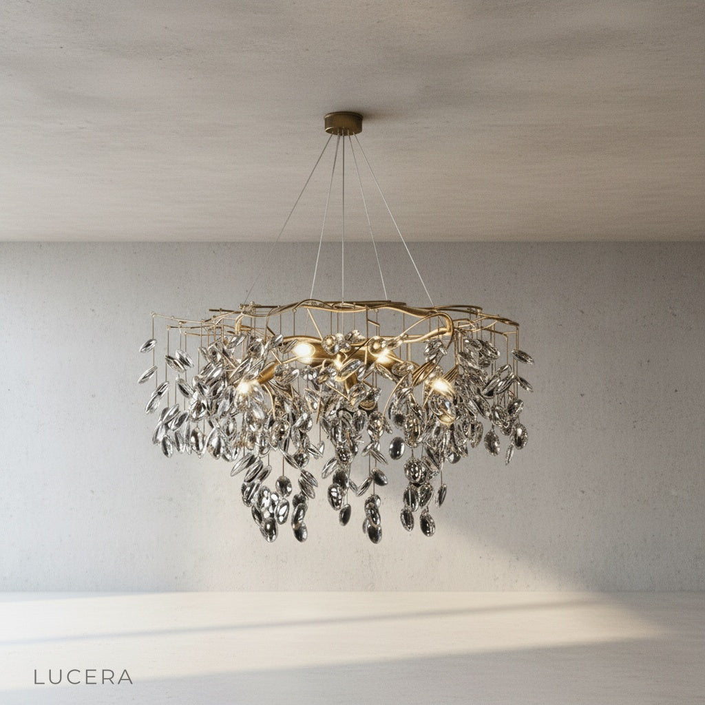 Close-up of copper branch junction with sparkling crystal glass drops on Lapis Lazuli Chandelier