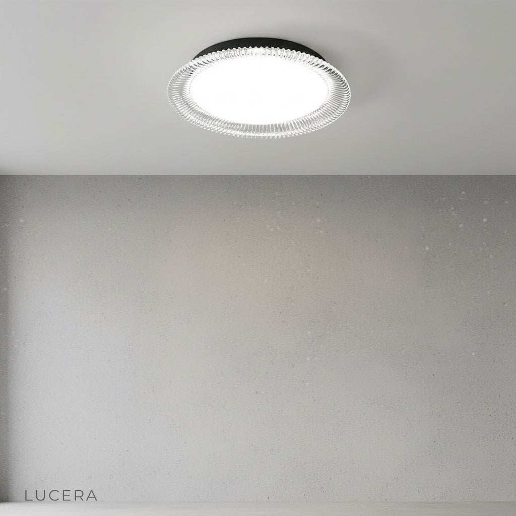 close-up of Zelo ceiling light acrylic ring texture and iron frame detail