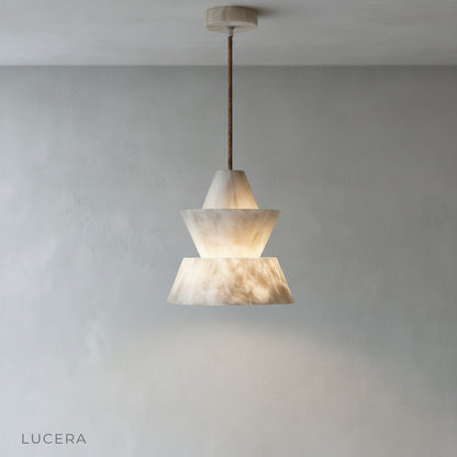 Close-up detail of twisted alabaster texture on Fillet pendant light revealing natural veining