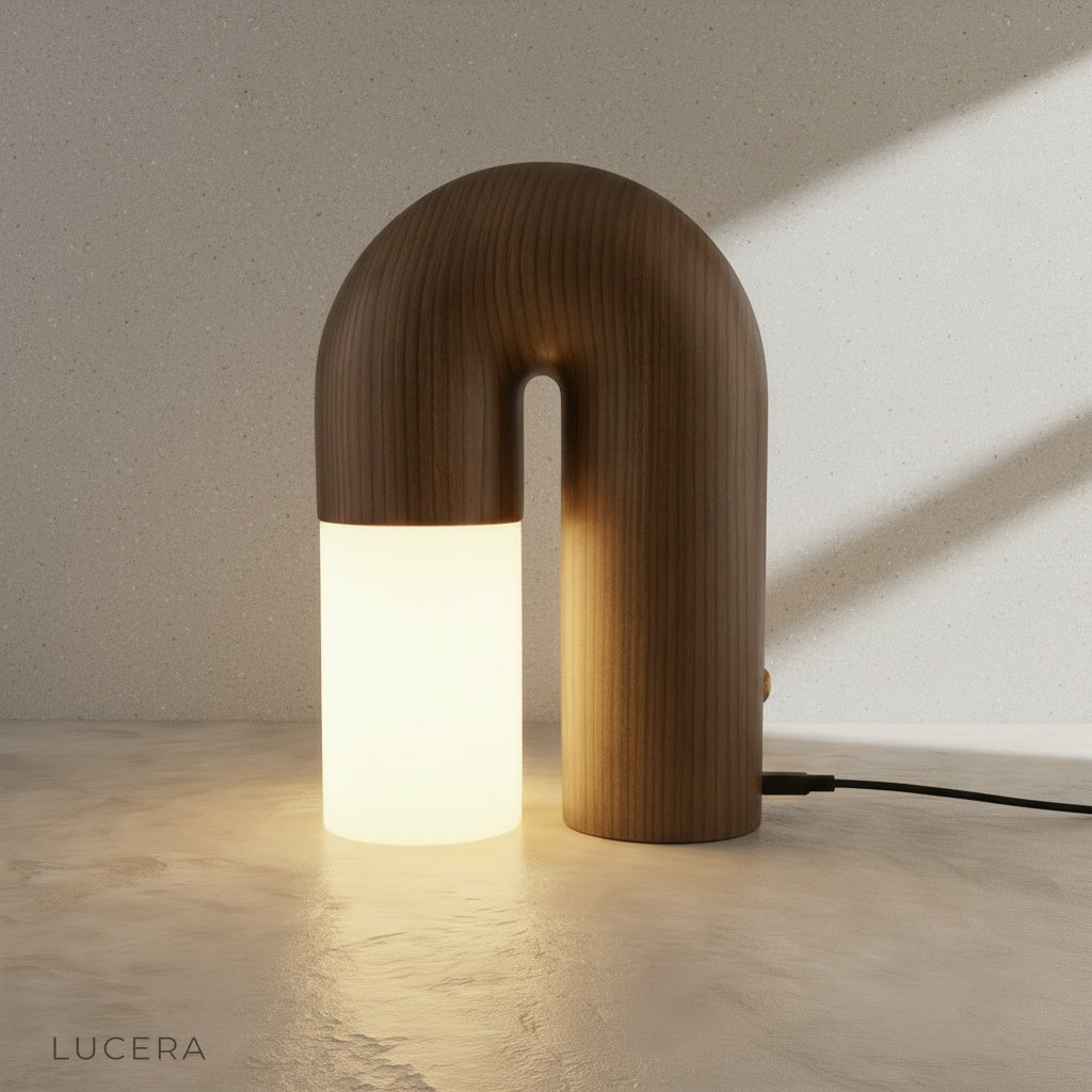 Close-up of Vigil Table Lamp smooth wood grain and frosted acrylic joint detail
