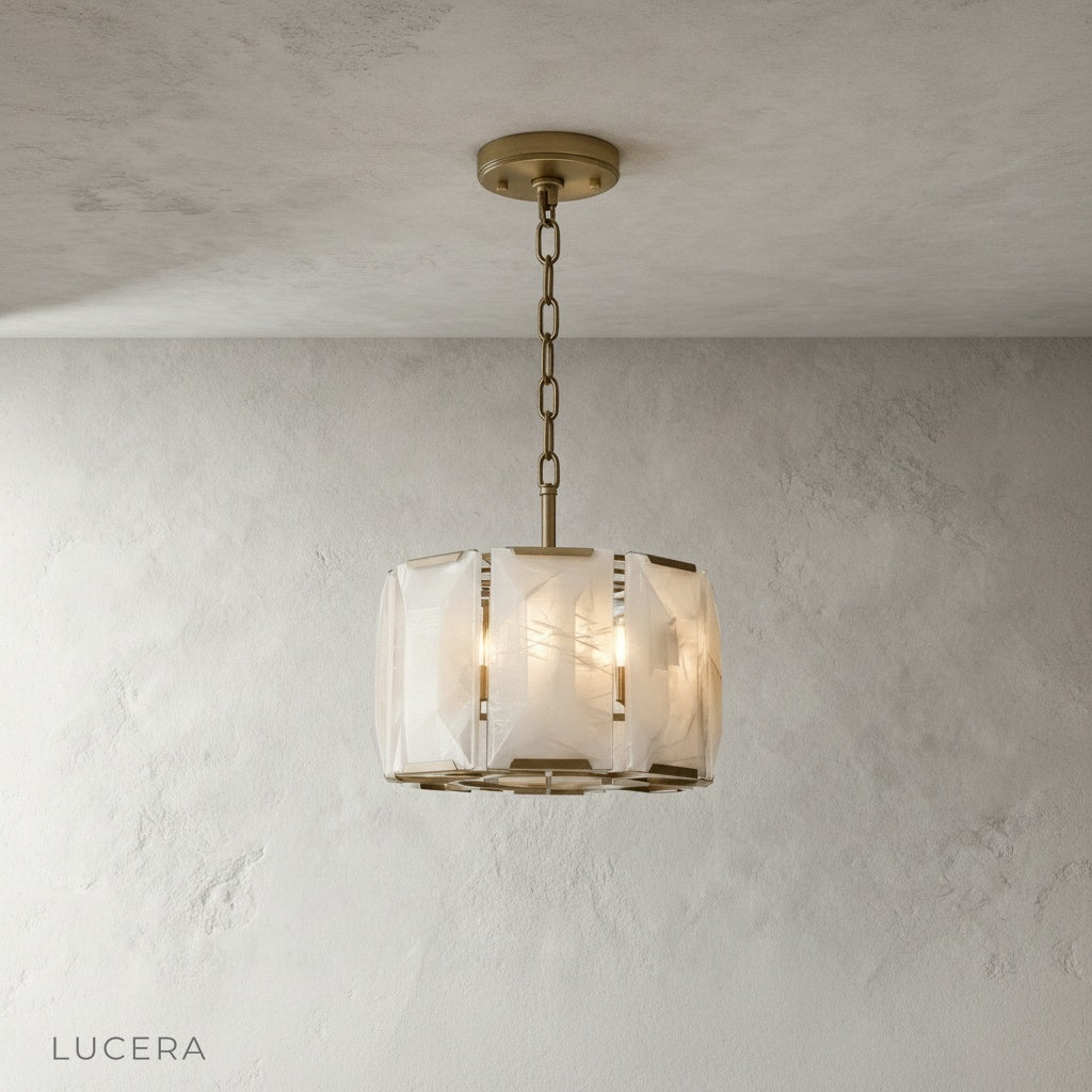 Close-up of natural alabaster veining on Vivid Round Chandelier panel with soft backlight