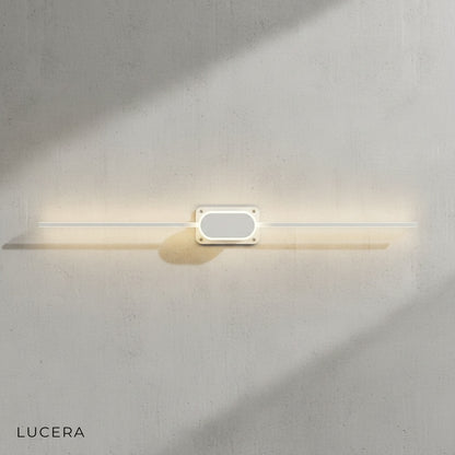 Calando LED mirror lamp in white metal with warm 3000K glow in bright bathroom