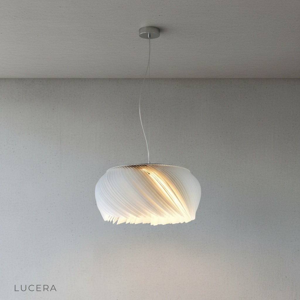 Close-up of Theron chandelier wavy white acrylic and parchment lampshade texture
