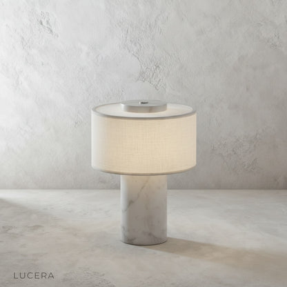 close-up of natural stone base and soft fabric lampshade detail