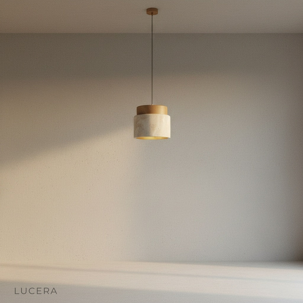 Tenebra ceiling light close-up detail of travertine texture and wood grain cylinder