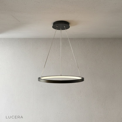 close-up of brushed aluminum ring and acrylic diffuser on wash chandelier