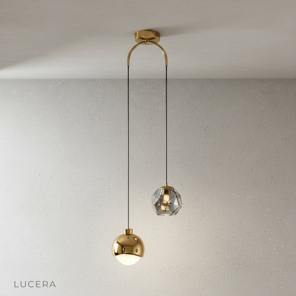 Close-up of the Vale pendant light pulley system and metal and crystal details