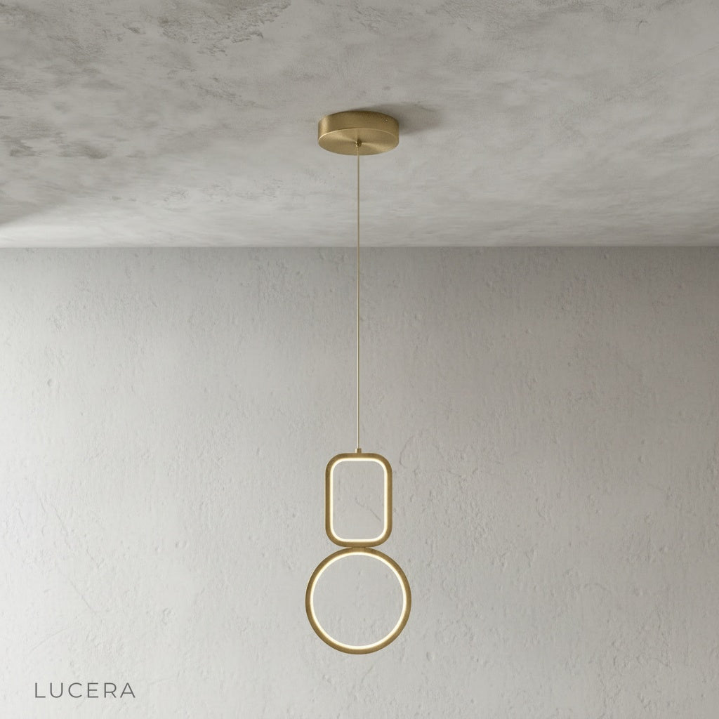 Close-up of Facade pendant light metal frame joints and acrylic panel texture