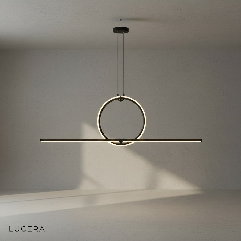 Geometric pendant lamp with sleek black finish casting intricate shadow patterns on wall