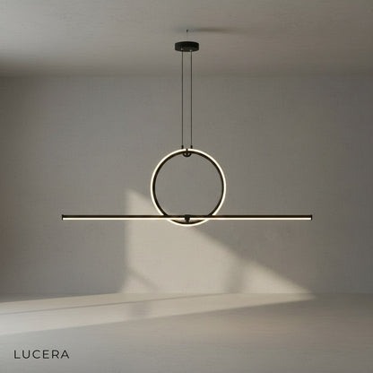 Geometric pendant lamp with sleek black finish casting intricate shadow patterns on wall