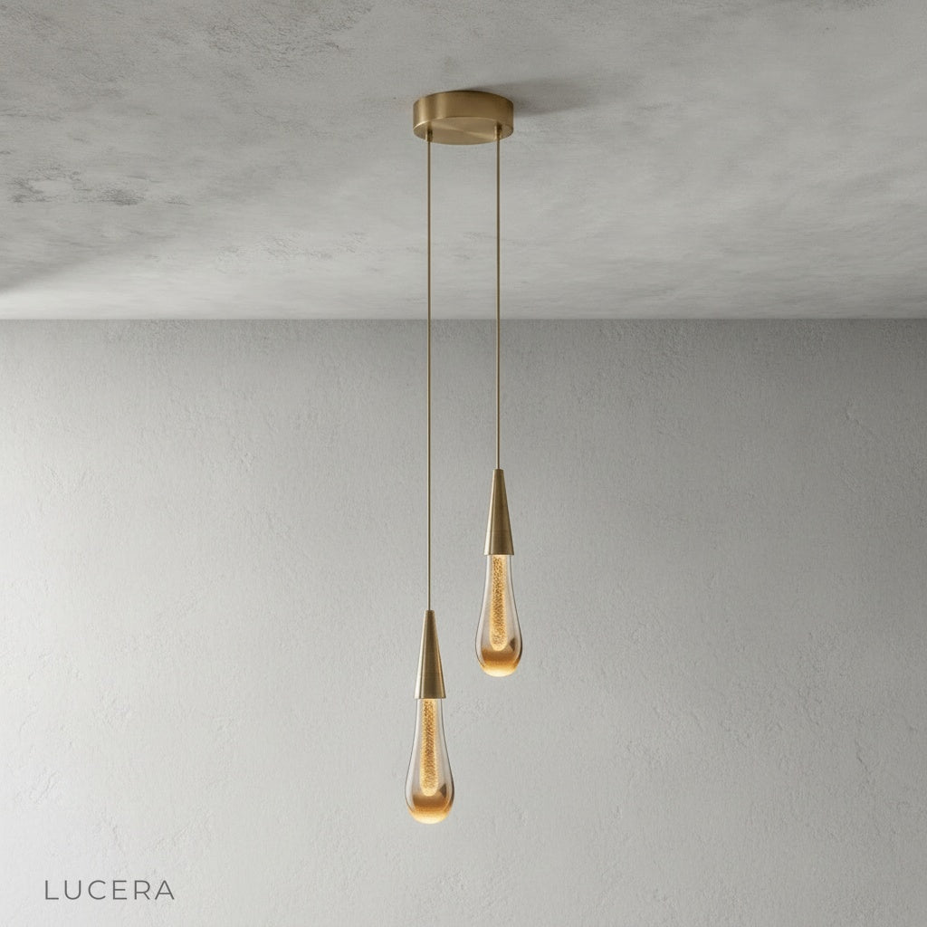 Close-up of Beryl pendant light crystal prism details reflecting warm light