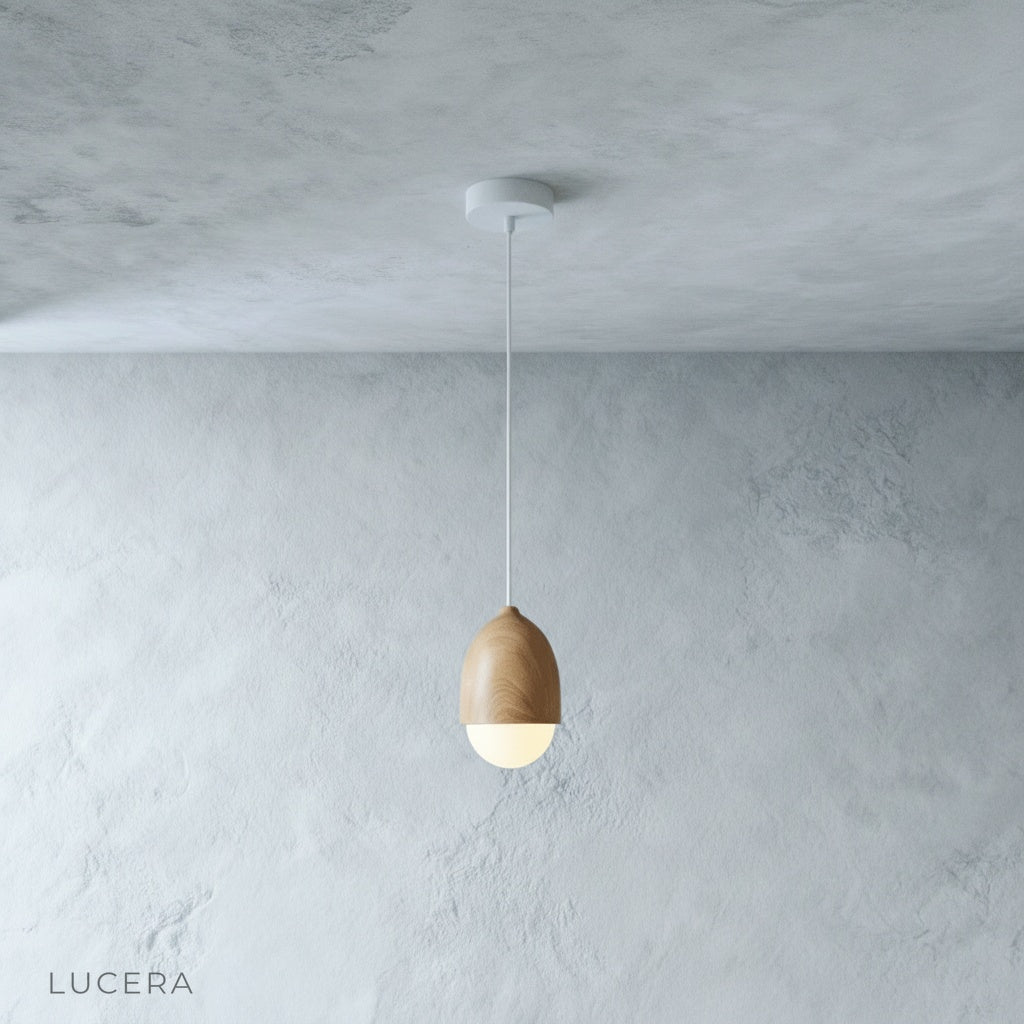close-up detail of Holly pendant light showing textured wood-grain surface and soft diffuser