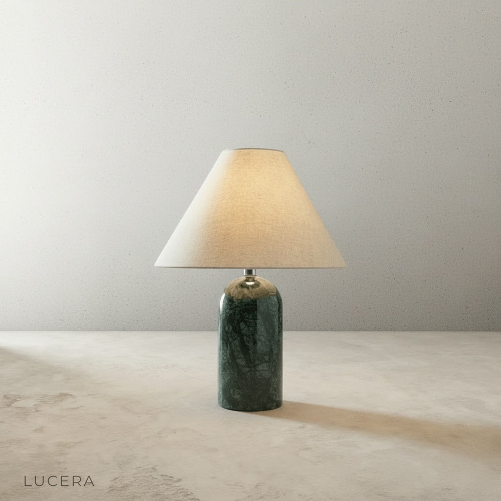 Close-up of Xerophytic Table Lamp marble base texture and soft fabric shade seam