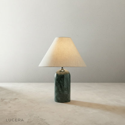 Close-up of Xerophytic Table Lamp marble base texture and soft fabric shade seam