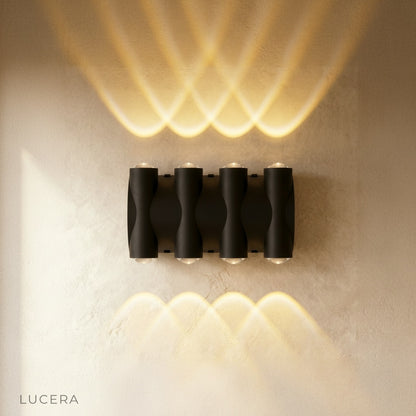 close-up of textured aluminum finish on contemporary exterior wall light