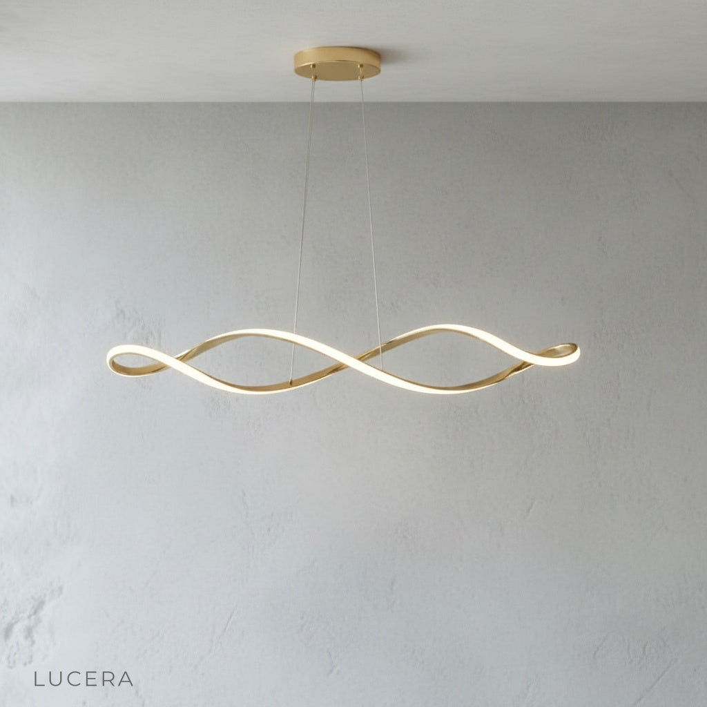 close-up of Damaske chandelier twisted metal details with warm light through acrylic