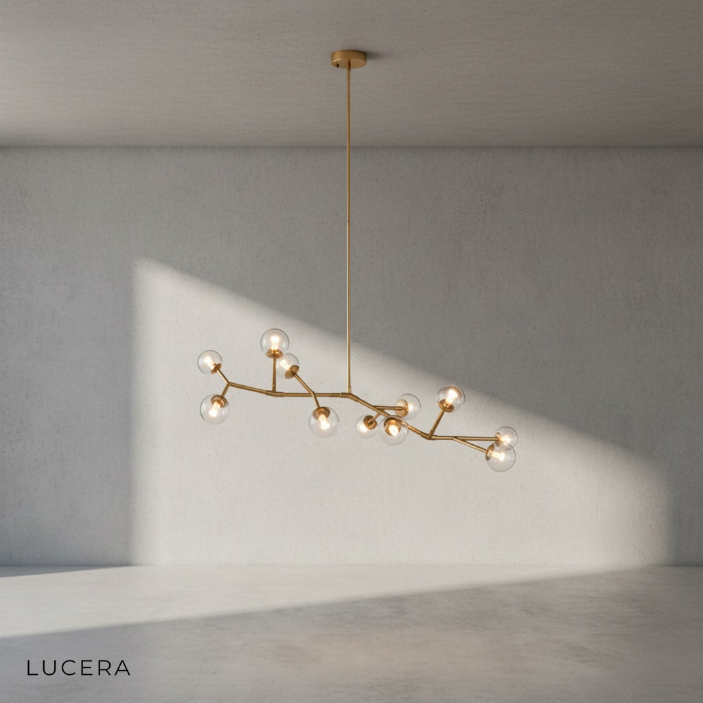 Norn chandelier with warm and cool light mixing in a dining room setting