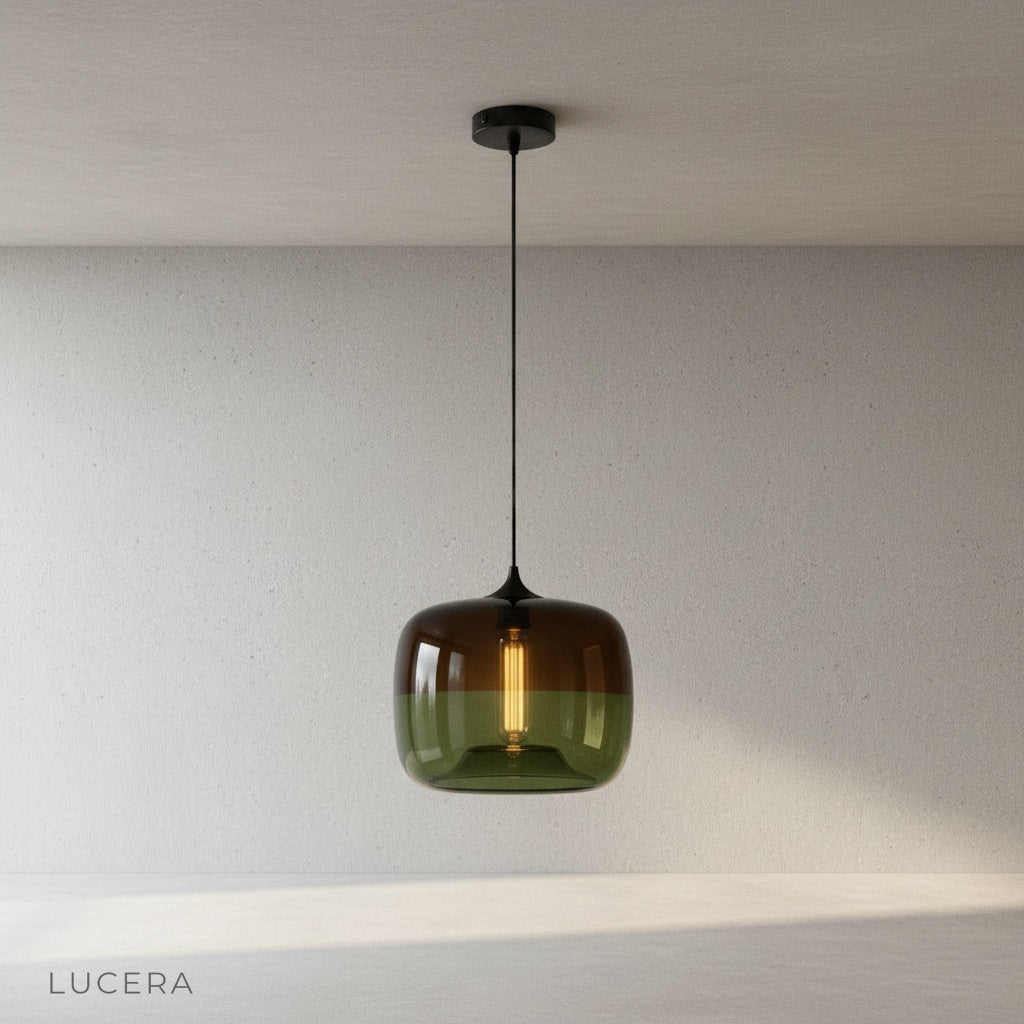 Close-up of Minerva pendant light glass texture and amber gradient detail