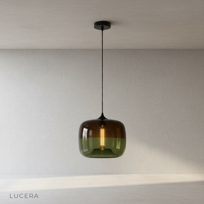 Close-up of Minerva pendant light glass texture and amber gradient detail