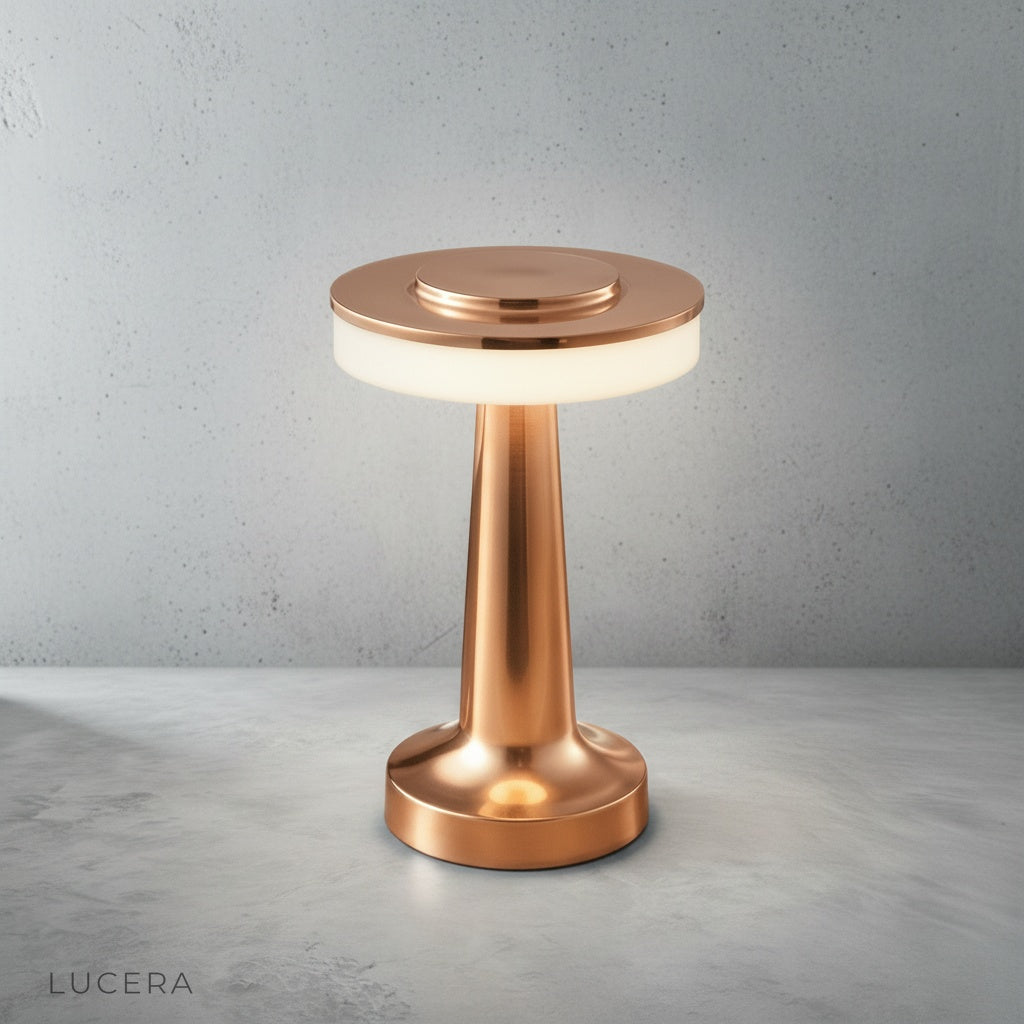 close-up of brushed aluminum body and soft diffused light from circular lampshade