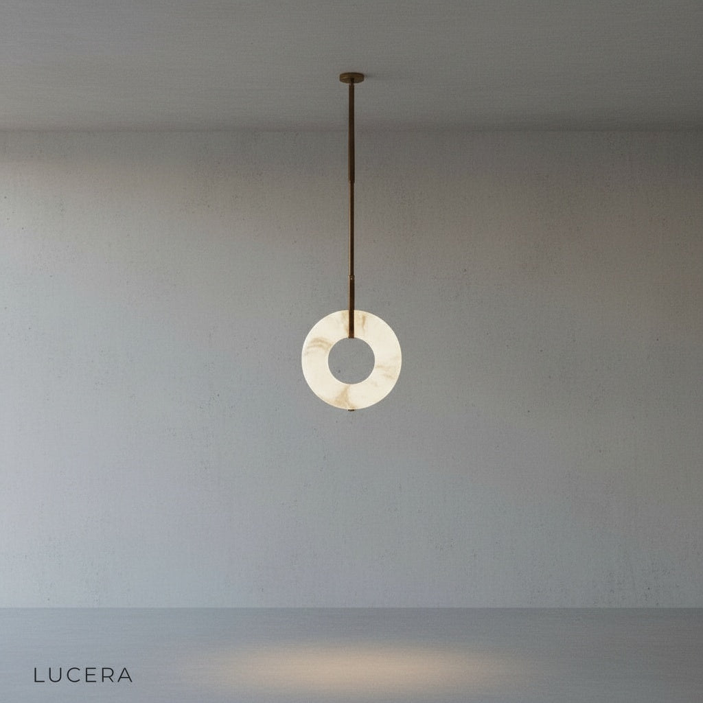 close-up detail of alabaster ring texture and adjustable leather strap on Helix pendant light