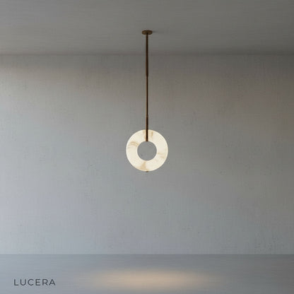 close-up detail of alabaster ring texture and adjustable leather strap on Helix pendant light