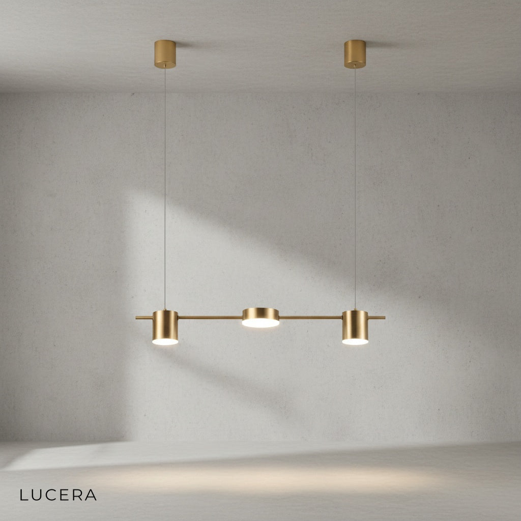 Rind pendant lamp hanging above dining table with warm LED light glow