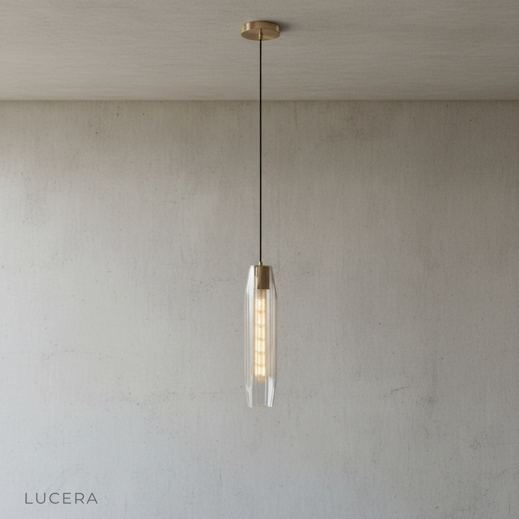 Hester Pendant Light close-up of faceted crystal refracting light against dark background