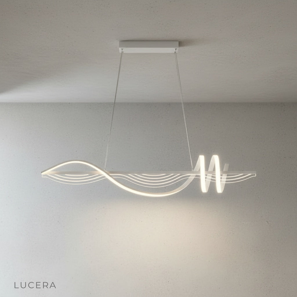 close-up of wavy sculptural aluminum arms and acrylic diffuser on Ulysse chandelier