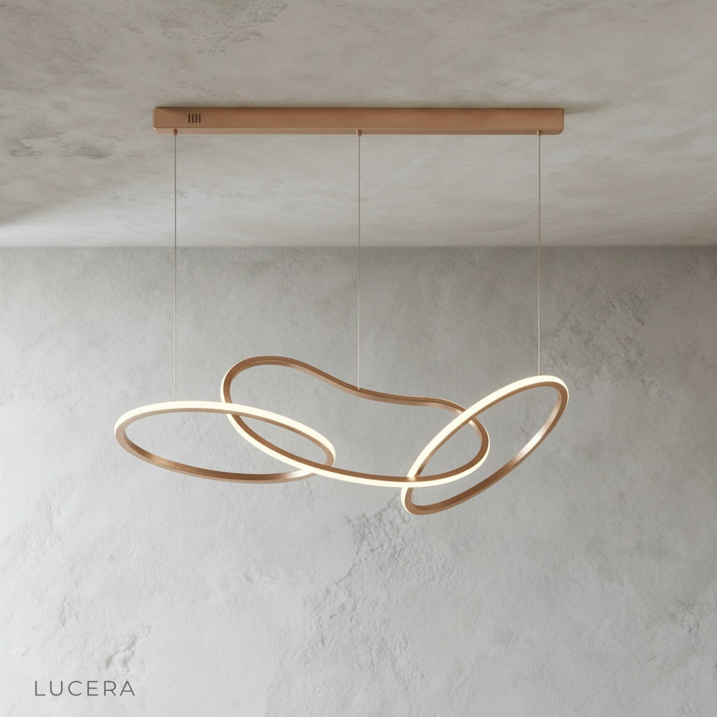 close-up of LED module and stainless steel curve on Yakitori chandelier against dark backdrop