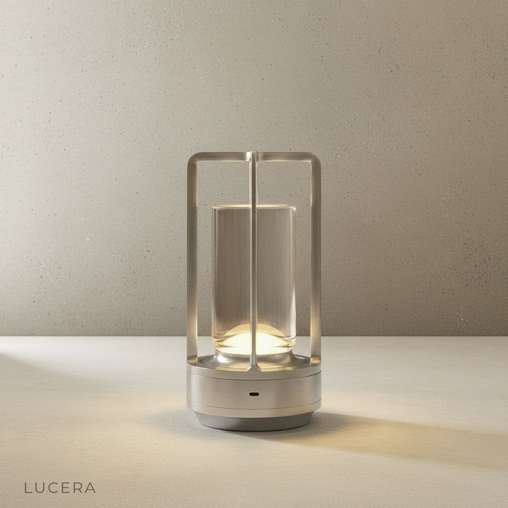Close-up of Karmelite Table Lamp aluminum frame and diffuser showing premium build quality