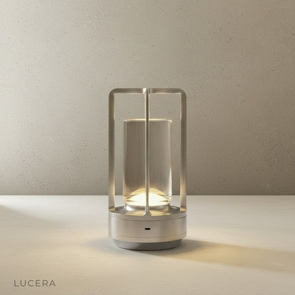 Close-up of Karmelite Table Lamp aluminum frame and diffuser showing premium build quality