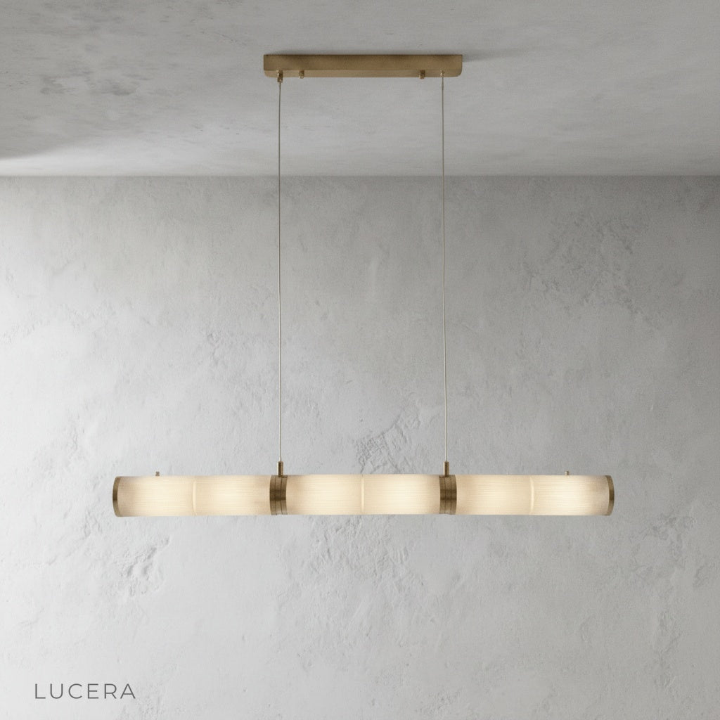 Close-up of alabaster glass shade revealing soft veining and warm glow
