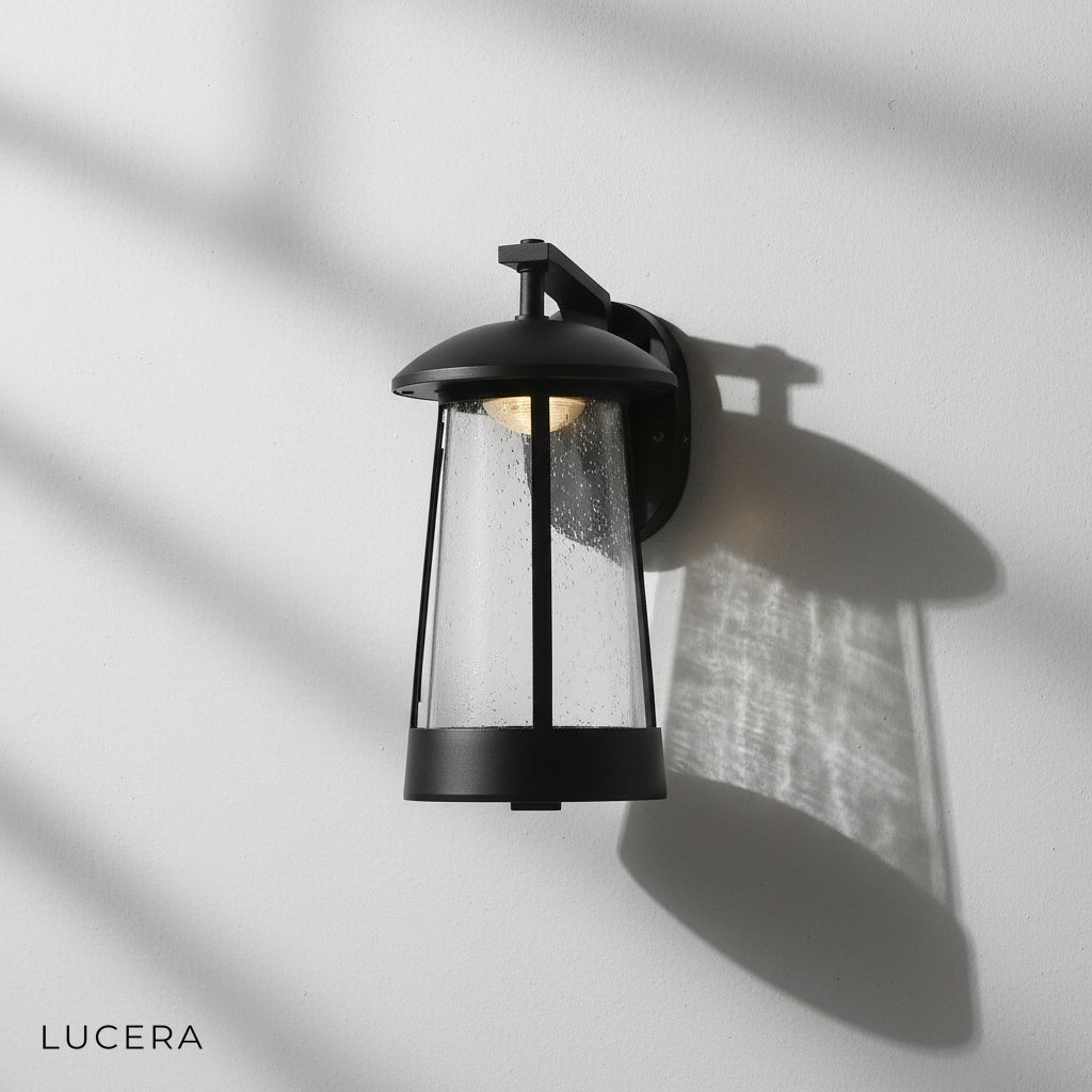 Close-up of Camille wall lamp anti-corrosion aluminum frame and glass texture