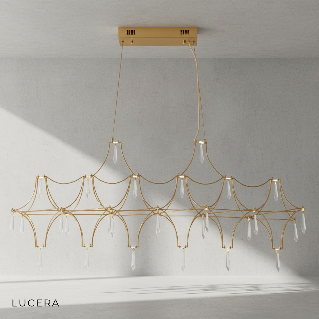 chrome Leif chandelier with crystals reflecting light in bright studio setting