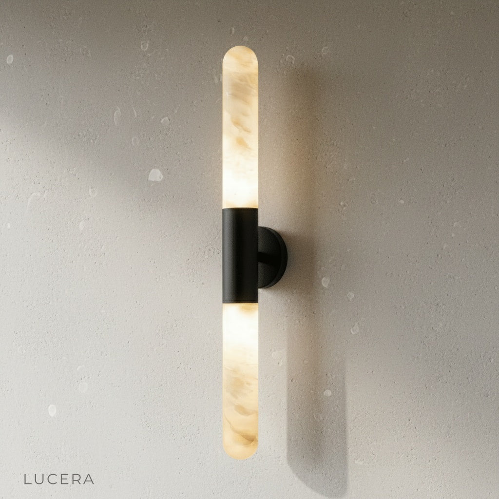 close-up of Zone Wall Lamp showing alabaster texture and sleek copper metal stem